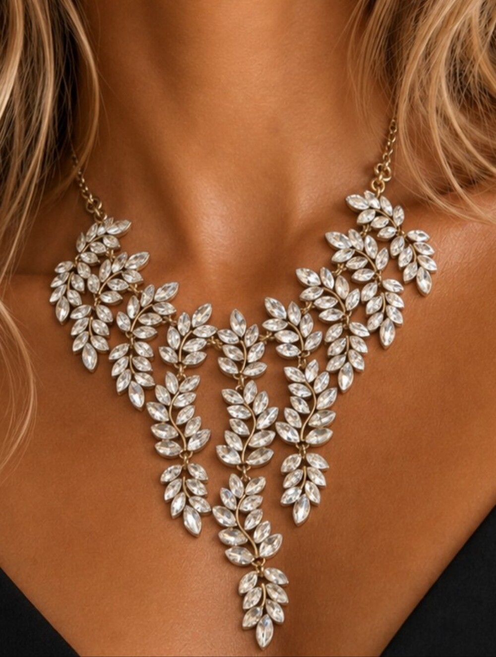 Vintage Crystal Leaf Statement Necklace Antique Gold Tone